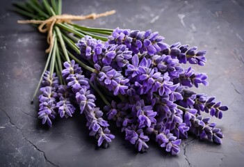 A close-up of a bouquet of purple lavender flowers on a stone background