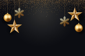 Happy New Year and Merry Christmas Golden Christmas tree decorations on a dark background, balls, stars and snowflakes. Golden confetti