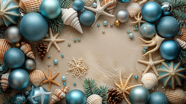 Christmas background, coastal, with silver ornaments