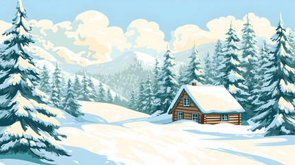 Fototapeta premium A cozy wooden cabin nestled amidst a snowy mountain forest under a bright blue sky.