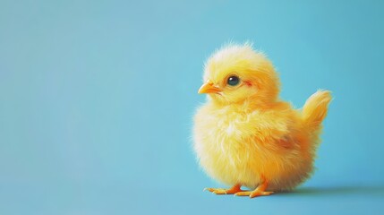 Adorable Chick in Blue Background. Cute Young Chicken with Fluffy Feathers on Blue Background