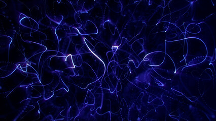 Abstract glowing bright shiny neon purple floating energetic particles and lines on dark background. Sci Fi digital futuristic fantasy waves illustration. Cyberpunk technology screensaver