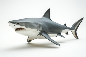 Obraz premium Realistic great white shark model in dynamic pose against white background