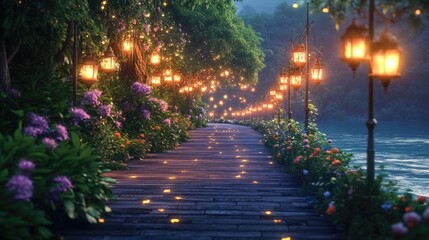 Obraz premium A beautifully lit pathway leading to the river, lined with lamps and flowers, inviting tranquility and devotion.