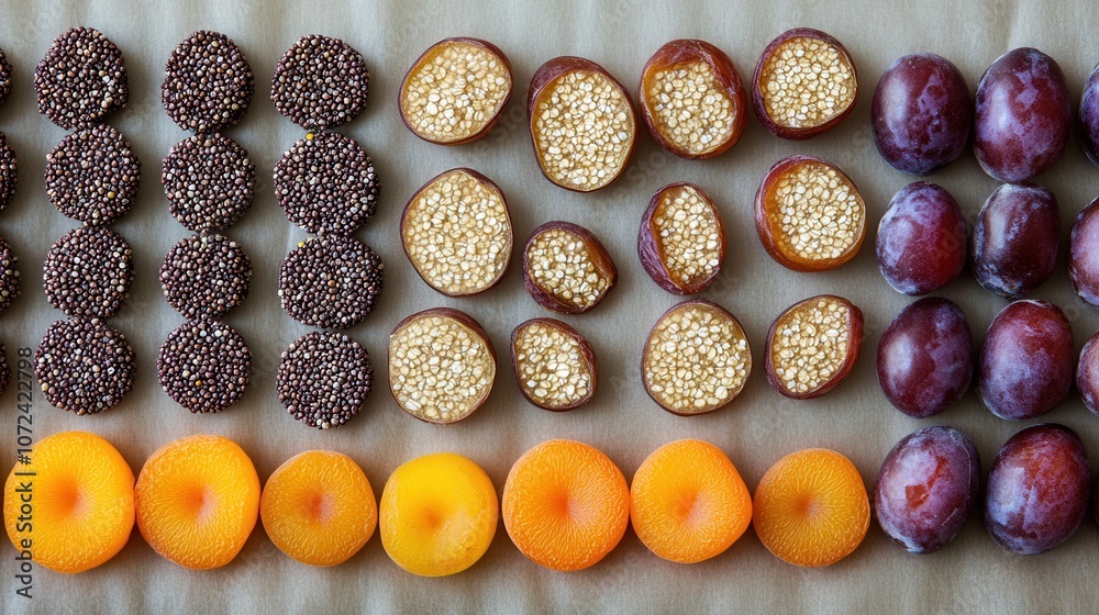 Poster assortment of fresh fruits in orderly rows on textured background