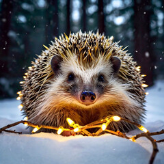 A Christmas hedgehog is sitting near a garland in the middle of the forest.