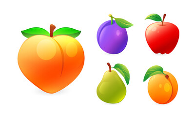 Set of fruit illustrations, peach, plum, apple, pear, apricot, in realistic 3D style.