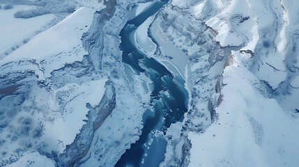 Frozen river winding through a desolate snow-covered canyon  