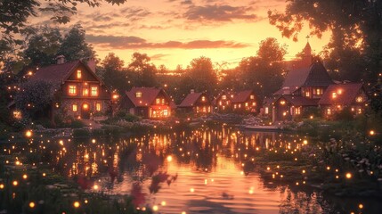 Obraz premium A charming cartoon village at sunset, with cozy cottages and twinkling lights reflecting off a peaceful pond,