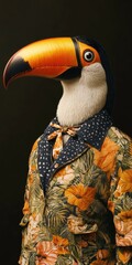 Naklejka premium Trendy Summer Toucan Portrait. Stylish Anthropomorphic Bird in Cool Floral Clothing, Exotic Background