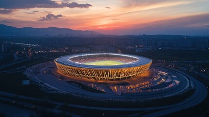Illuminated Stadium at Sunset