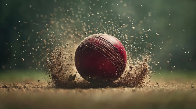 A close-up of a cricket ball being bowled, with the pitch and stumps in sharp focus, capturing the intensity of the game,