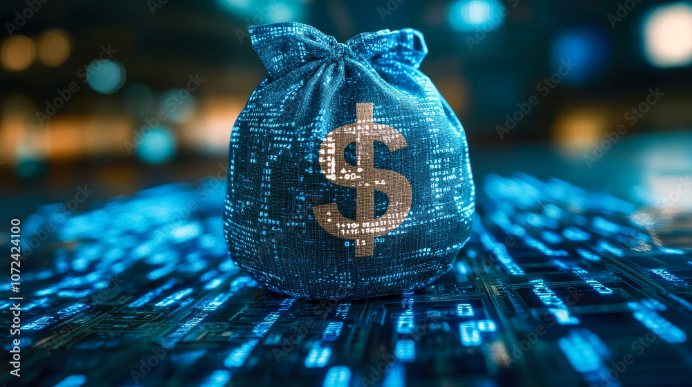 Poster digital money bag with dollar symbol and binary code for ai financial transactions and fraud detecti
