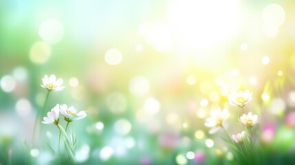 Obraz premium Soft white flowers bloom in a tranquil field illuminated by warm sunlight, creating a peaceful spring ambiance