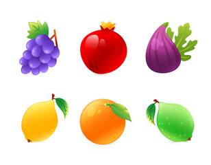 Set of illustrations of Mediterranean fruits, orange, lemon, lime, grapes, figs, pomegranate, in realistic 3D style.