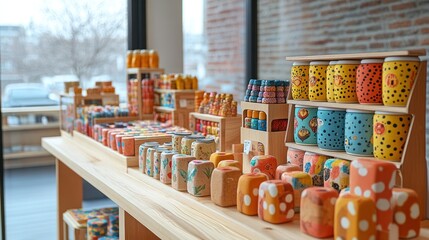 Colorful decorative items displayed on a wooden shelf.