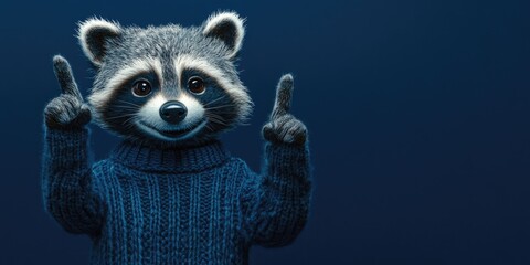 Cute Plush Bear with Index Finger Up in Cool Carton Style on Dark Blue Background