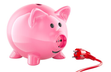 Piggy bank with electrical socket and power plug. Saving energy consumption concept, 3D rendering isolated on transparent background