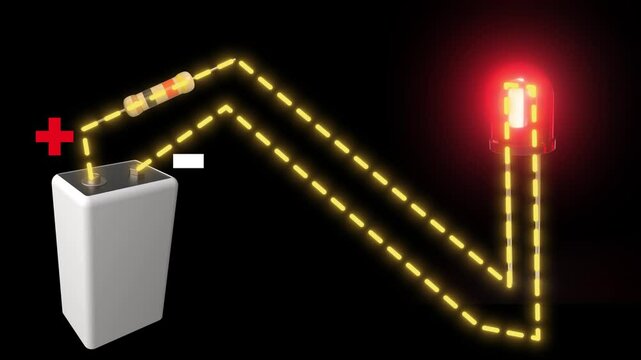 Electron flow electric circuit with battery light bulb resistor circuit diagram, Science experiment of the electric circuit, Electric energy physics definition, 4K animation clip