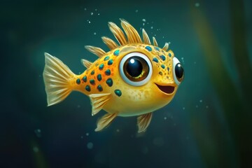 Whimsical Underwater Fish Portrait: A Delightful Cartoon Character Swimming in a Colorful Tropical Aquarium