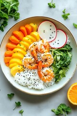 Colorful shrimp poke bowl with fresh vegetables and rice