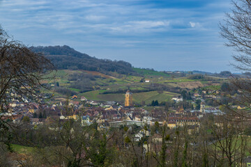 Vineyards with Arbois town, Department Jura, Franche-Comte, France