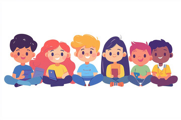 Fototapeta premium Six children of different backgrounds happily use their smartphones and tablets while sitting together