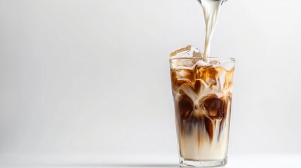 Refreshing iced coffee with milk pouring into a glass on a white background