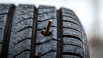 Close-Up of Car Tire with Embedded Nail on Minimalist Background