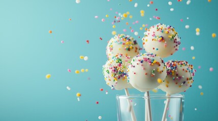 Colorful cake pops with sprinkles against light blue background