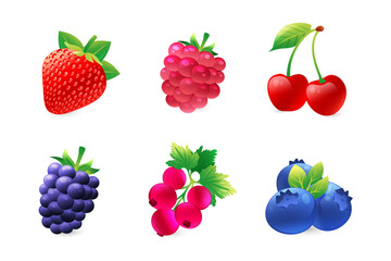 Set of illustrations of garden berries, strawberries, raspberries, cherries, blackberries, blueberries, currants, in a realistic 3D style.