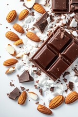 Delicious dark chocolate and almonds with coconut flakes on white background