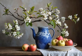 A still life painting with a white vase, blooming branches, and fruit on a table © Iqra