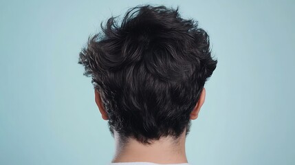 Man showing messy hair from behind on blue background