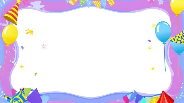 Kids birthday frame with presents, balloons, and confetti falling, perfect for celebrations and greetings.