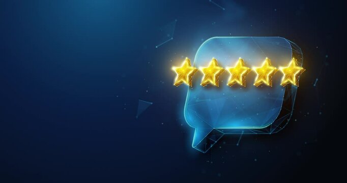 Abstract animated low poly five gold stars review floating over chat bubble. Customer feedback and client oriented business concept by wireframe mesh. 4K looped motion graphic on blue background