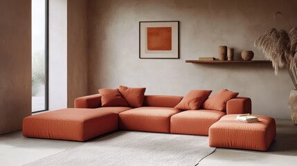 Modern living room with stylish orange sofa and minimalistic decor.