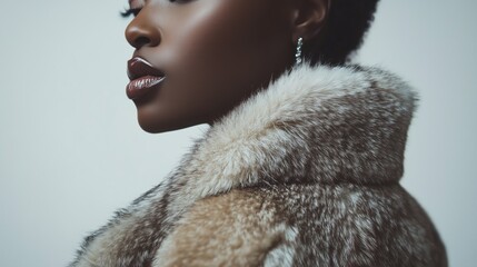 Elegant african woman in luxurious fur coat with bold jewelry