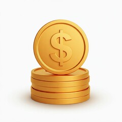 3D Stack of Golden Coins with Raised Dollar Sign on Top, Representing Money or Finance, Featuring Metallic Shine and Textured Dollar Symbol, on White Background