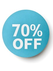 White '70% OFF' Text on a Sky Blue Round Paper Note. White Background 