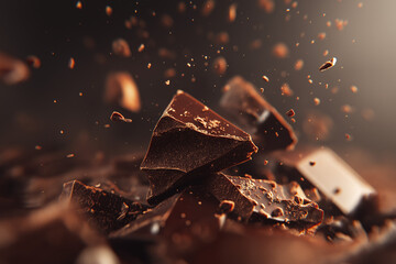 Exploding dark chocolate pieces in mid-air with flying crumbs and dramatic lighting, perfect for Chocolate Day, gourmet marketing, school culinary projects, and premium chocolate promotions