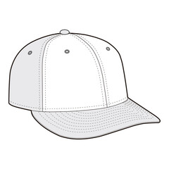 Simple black and white vector illustration of a baseball cap shown from a three-quarters front angle, highlighting stitching and structure.
