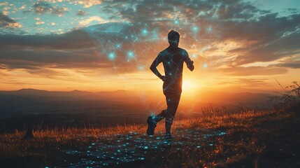 Woman runner equipped with high-tech gear jogging at sunrise with digital interfaces overlaid, showcasing the integration of sports and technology. Concept of fitness, innovation health 8k Resolution