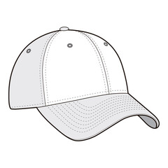Another three-quarters view of a curved-brim baseball cap in black and white, showing stitching details on the brim and structure.
