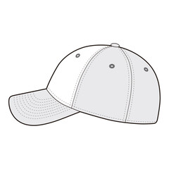 Another side view of a curved-brim baseball cap in black and white vector style, focusing on the cap’s structure and stitch details.
