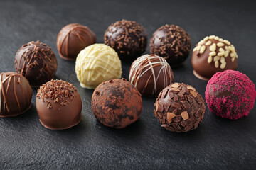 Assorted gourmet chocolate truffles with various toppings on dark textured background, showcasing indulgent flavors for Chocolate Day celebration, luxury sweets, gift boxes and school holiday treats