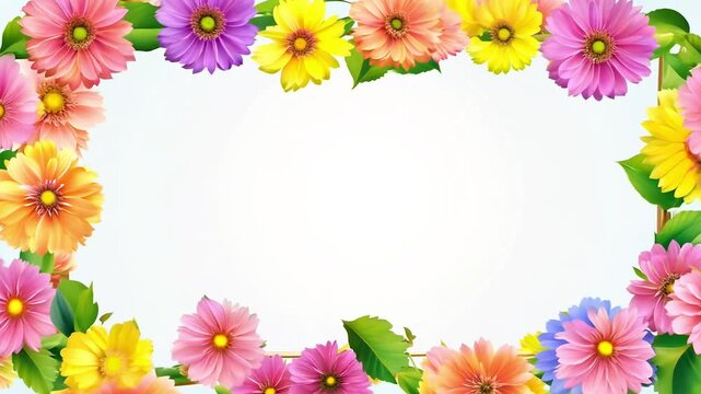 Colorful flower border is appearing on a white background, perfect for greetings, invitations.