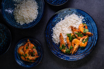 fried shrimp with plain rice on plate