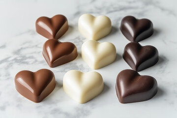 Assortment of heart-shaped chocolates in dark, milk, and white varieties on a marble surface, Chocolate Day celebration, highlighting gourmet quality, elegant design, romantic gift ideas