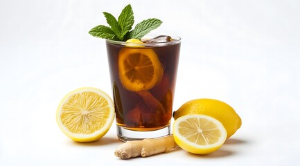 Fototapeta premium Refreshing ginger tea in a glass with lemon and mint, featuring visible ginseng slices, ideal for food and beverage visuals on a clean white background.